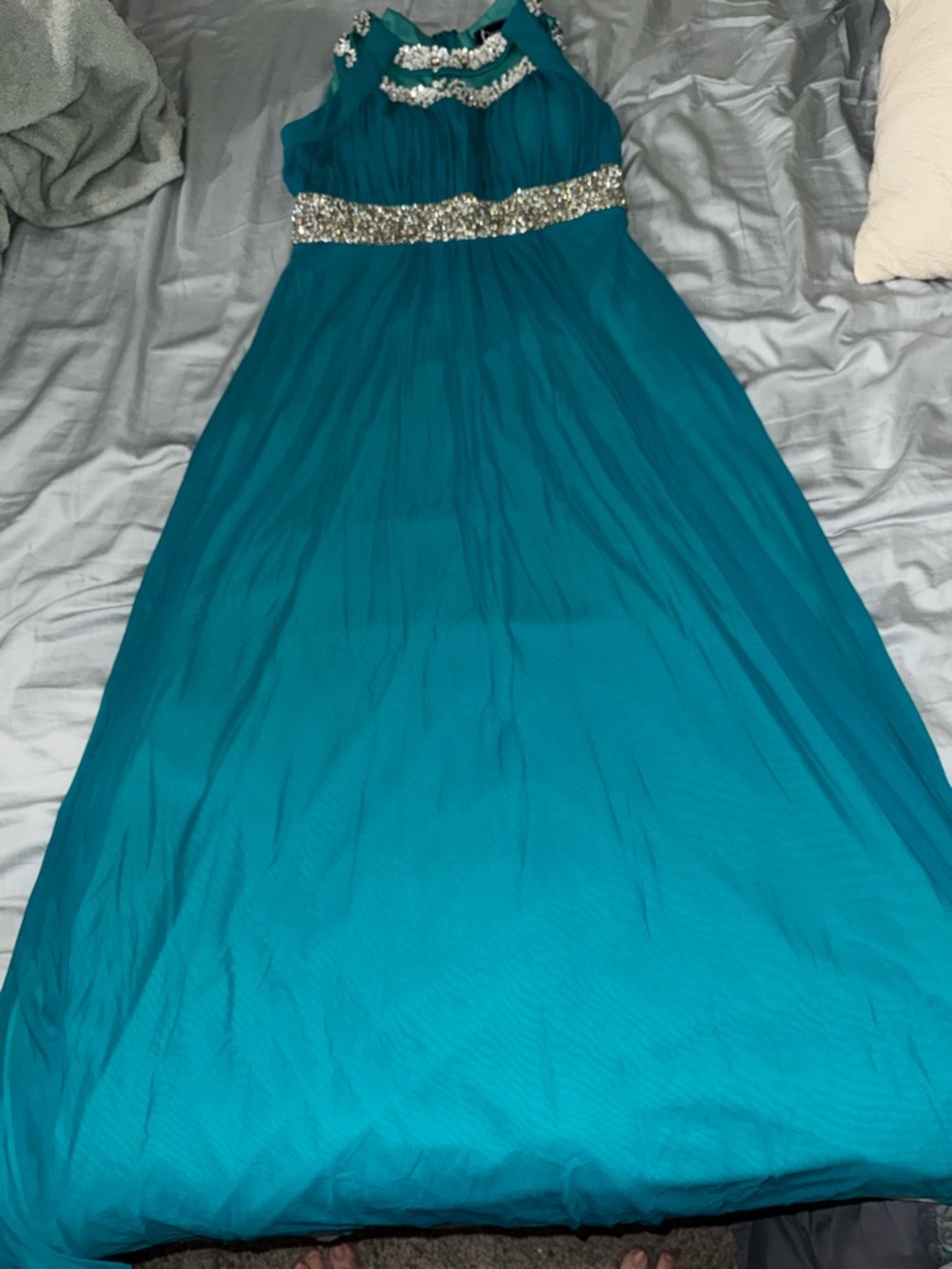 Coco Teal Embellished Waist Evening Gown - Picture 4 of 11